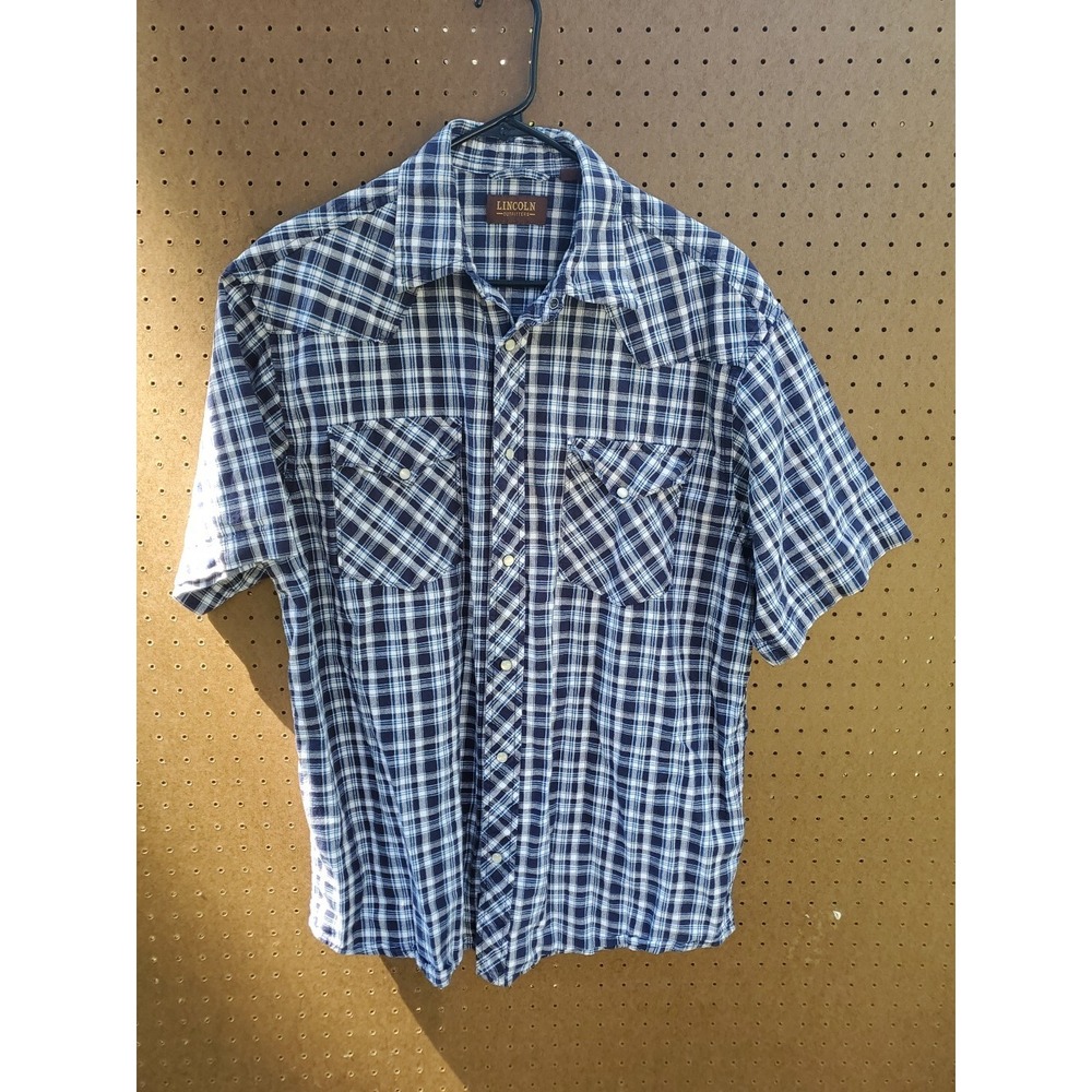 Lincoln Outfitters Men Shirt Large Blue Plaid Pearl‎ Snap Short Sleeve Adult